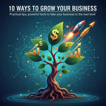Tree with dollar signs and a rocket, symbolizing business growth, on a dark blue background with digital elements.