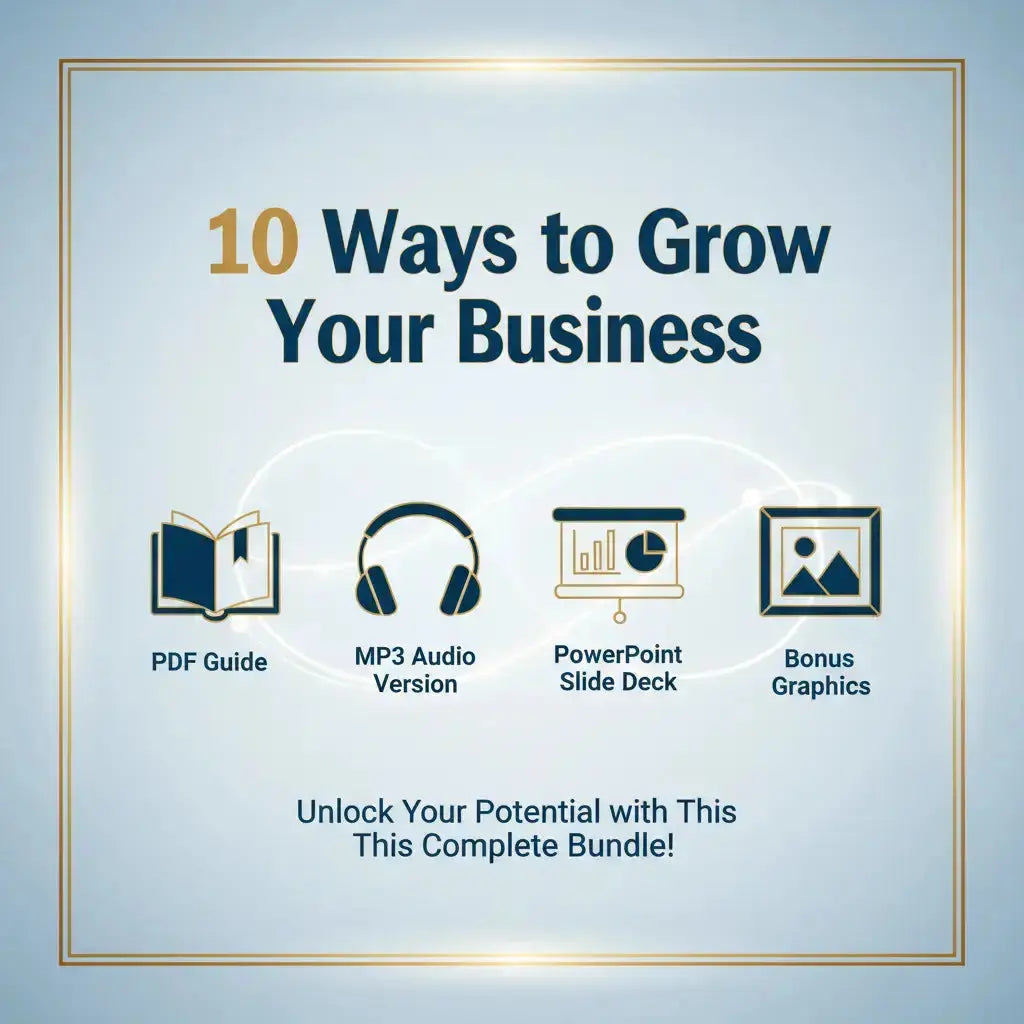 Promotional graphic for '10 Ways to Grow Your Business' with icons and text on a light blue background.