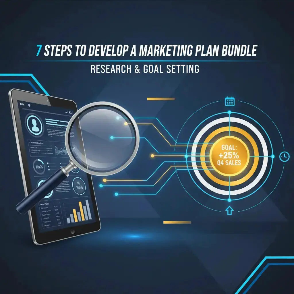 Digital marketing plan bundle with tablet, magnifying glass, and goal setting diagram on a dark background.