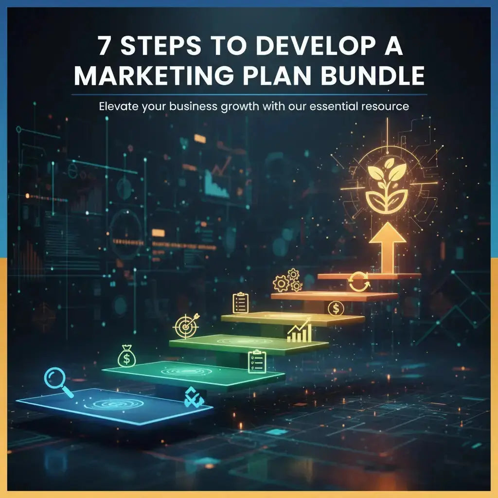 Promotional graphic for '7 Steps to Develop a Marketing Plan Bundle' with digital elements and text on a dark background.