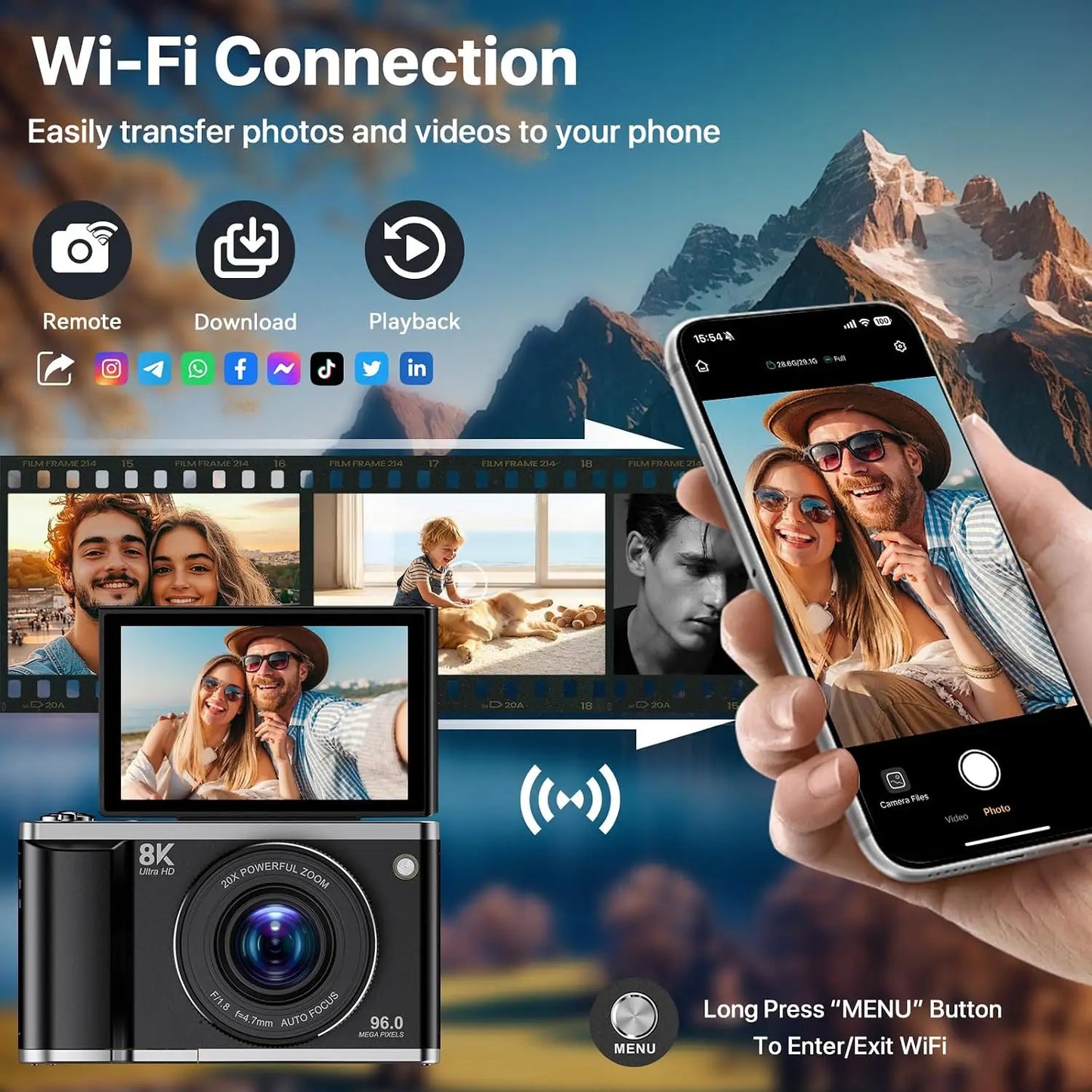 Black compact digital camera showing back with 20x digital zoom lens and wifi transferring photos to smartphone screen