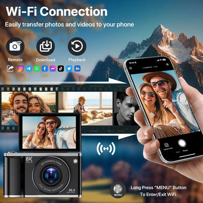 Black compact digital camera showing back with 20x digital zoom lens and wifi transferring photos to smartphone screen