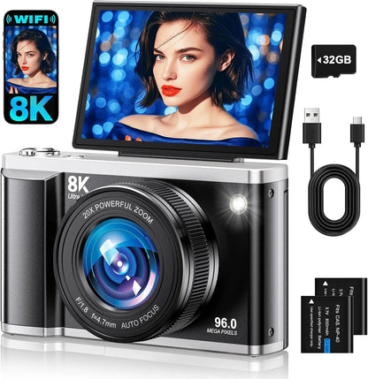 Silver and black 8k digital camera with 20x zoom lens 96mp resolution flip-out screen and digital zoom for vlogging