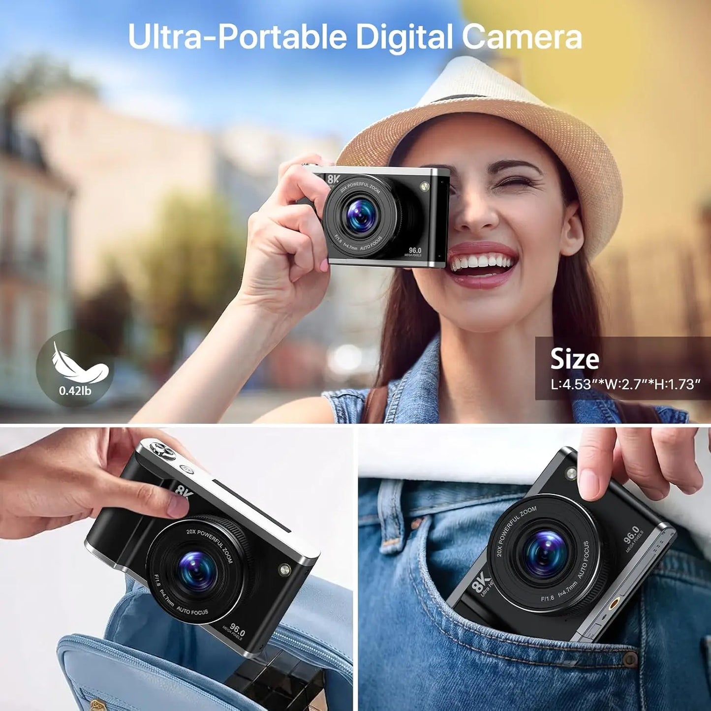 Black and silver ultra portable 8k digital camera with 20x digital zoom and compact design for easy handheld use