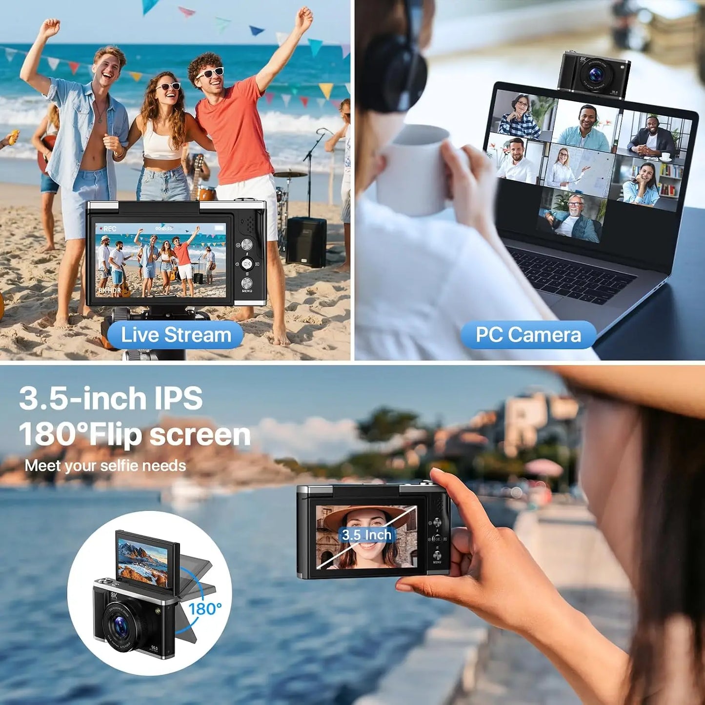 Black 8k digital camera with 3.5-inch ips flip screen built-in microphone and 20x digital zoom for vlogging and photography