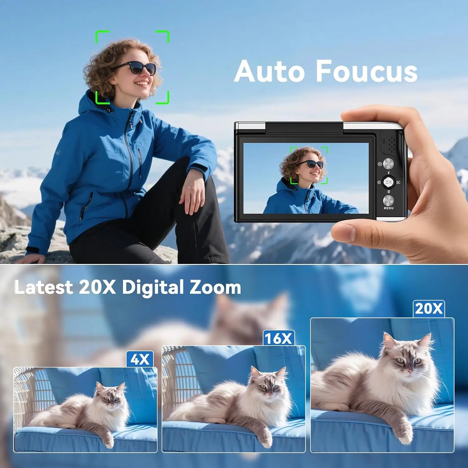 Black and silver 8k digital camera with flip-out screen showing autofocus preview and digital zoom for vlogging and photography