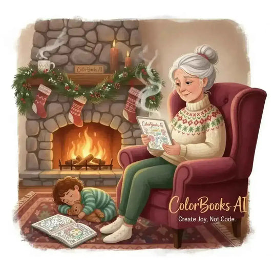 Elderly woman using AI Coloring Book Creator on a tablet by a fireplace as a child sleeps with a printed coloring book.