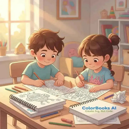 Children coloring a robot page from ColorBooks AI, a tool for creating digital coloring books for Shopify sellers.