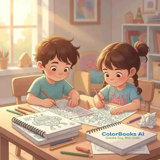 Children coloring a robot page from ColorBooks AI, a tool for creating digital coloring books for Shopify sellers.