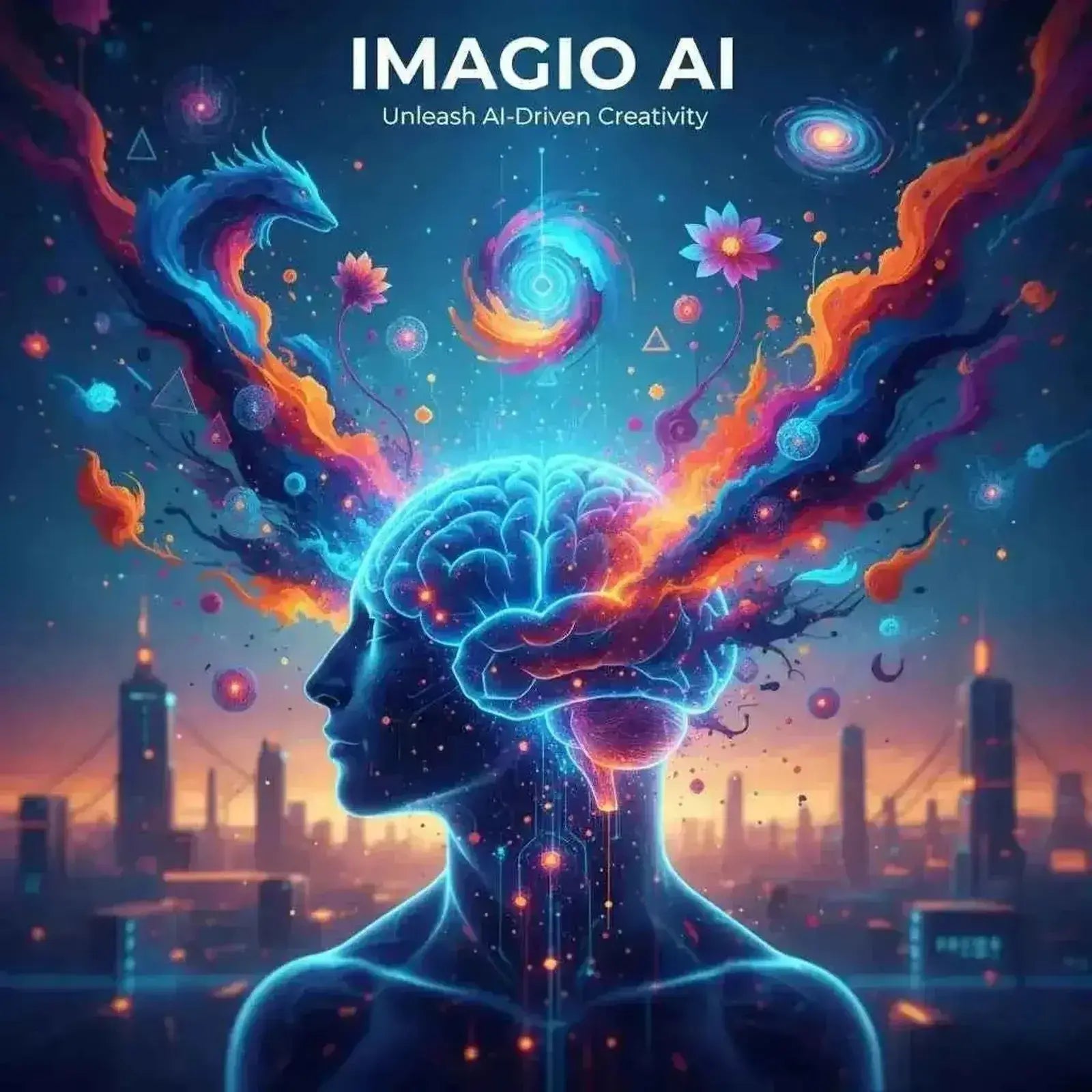 Conceptual art for Imagio AI Image Creator featuring a glowing brain and vibrant cosmic energy over a futuristic city.