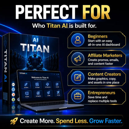 AI TITAN all-in-one ai marketing suite in sleek black box with blue accents helps create stunning graphics on laptop
