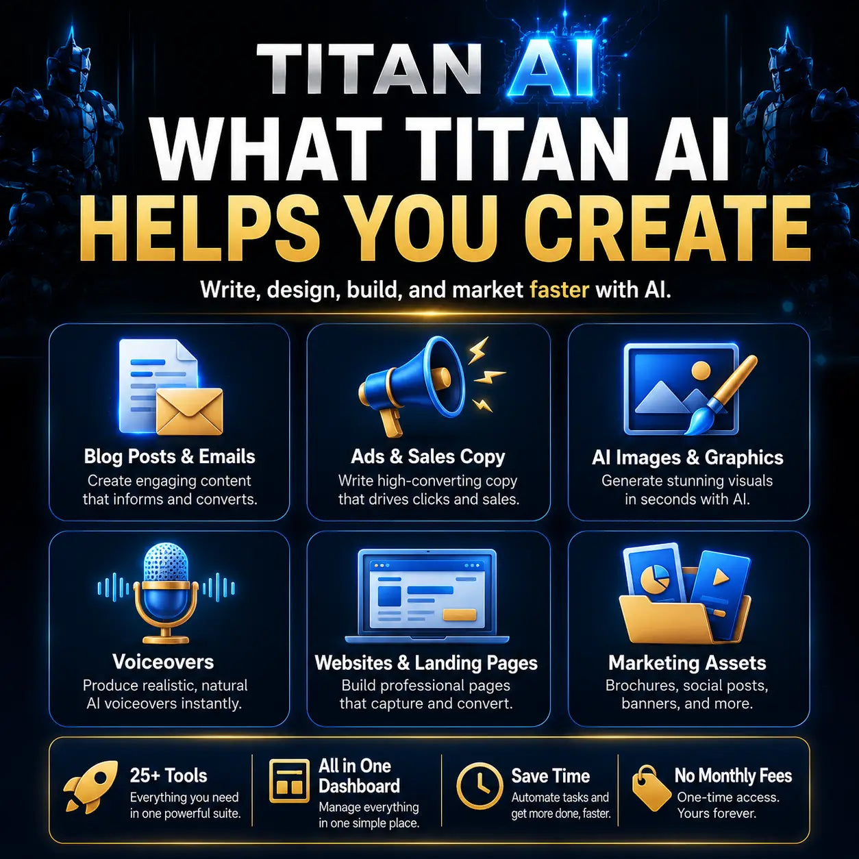 Ai titan promotional graphic with bold white and gold text and glowing blue accents to create stunning graphics