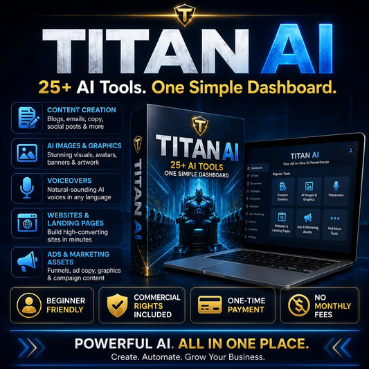 Titan ai software box with dark blue black design and futuristic armored figure for create stunning graphics use