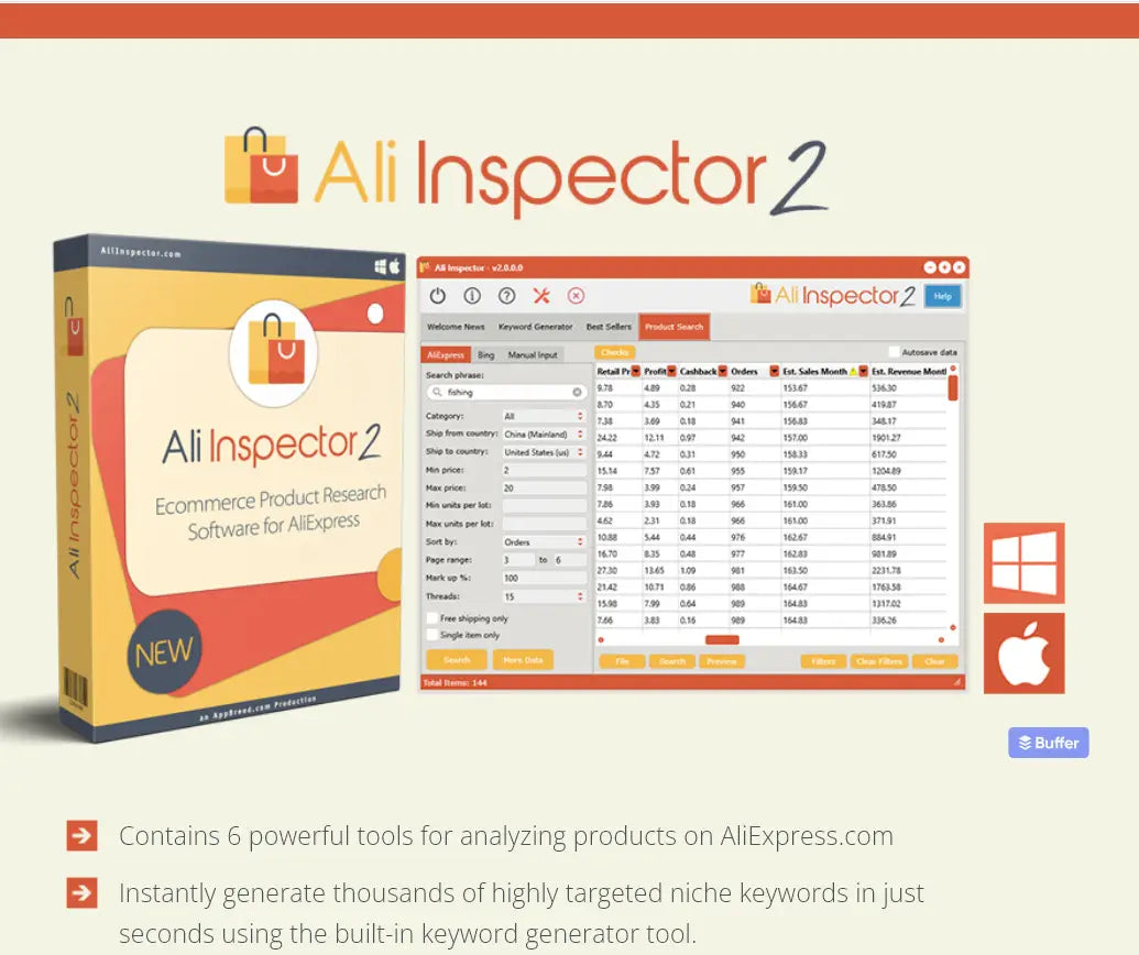 Ali Inspector 2 software box and dashboard showing AliExpress dropshipping product research and data analysis tools.