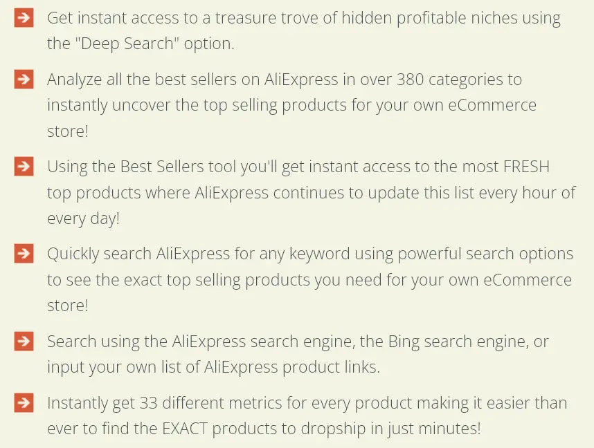 Ali Inspector 2 feature list showing AliExpress product research, deep search, and 33 metrics for dropshipping stores.