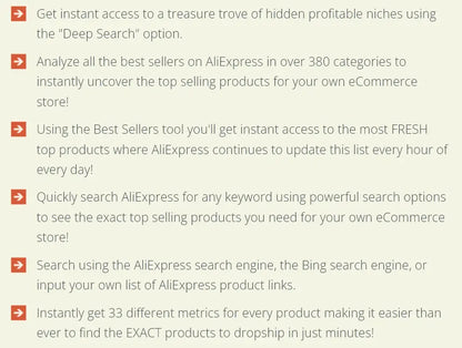 Ali Inspector 2 feature list showing AliExpress product research, deep search, and 33 metrics for dropshipping stores.