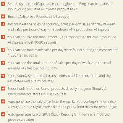 Ali Inspector 2 feature list showing AliExpress product research, sales data analysis, and dropshipping import tools.