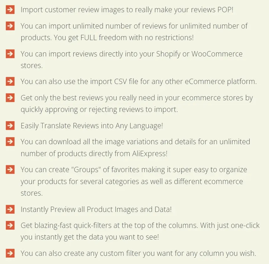 Ali Inspector 2 feature list showcasing AliExpress review imports, Shopify integration, and custom data filters.
