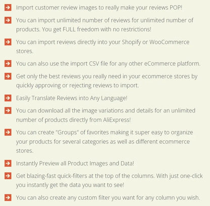 Ali Inspector 2 feature list showcasing AliExpress review imports, Shopify integration, and custom data filters.