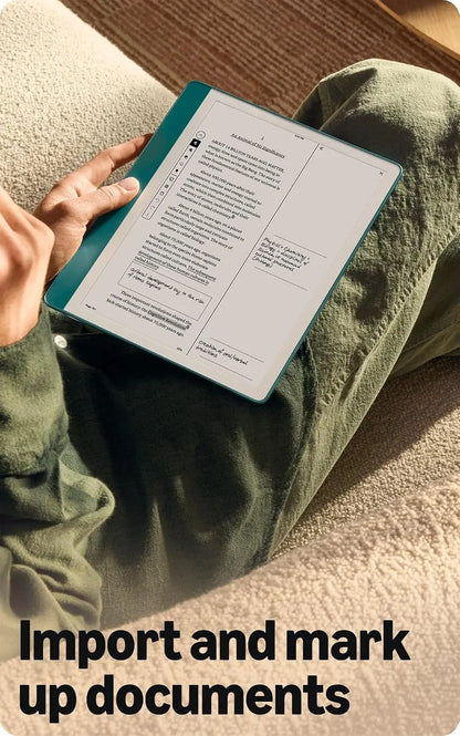 Teal-framed amazon kindle scribe tablet with premium pen start writing notes documents and books with ai summarization