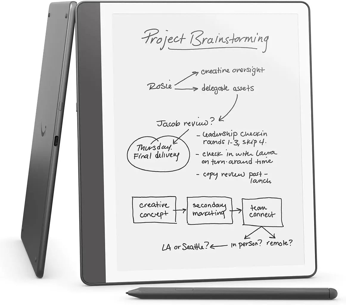 Silver-edged amazon kindle scribe with white writing surface showing handwritten notes and diagrams using premium pen to start writing