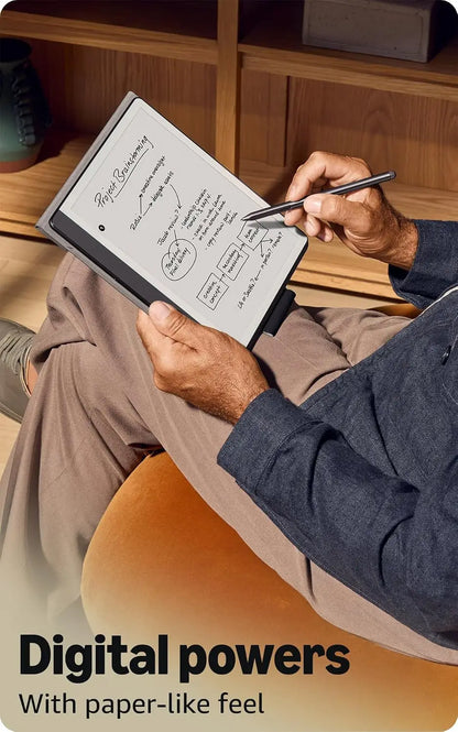 Black amazon kindle scribe digital notepad with paper-like surface and premium pen to start writing easily