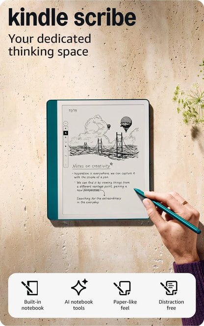 Teal amazon kindle scribe with paper-like screen and premium pen lets you start writing notes documents and books easily