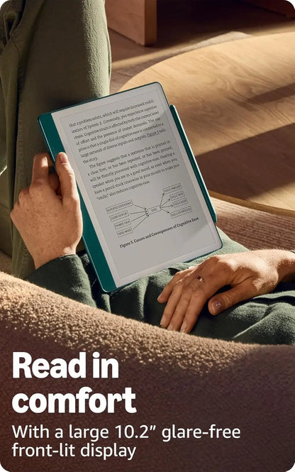 Teal framed kobo clara 2 e-reader with glare free front lit display paired with amazon kindle scribe premium pen to start writing