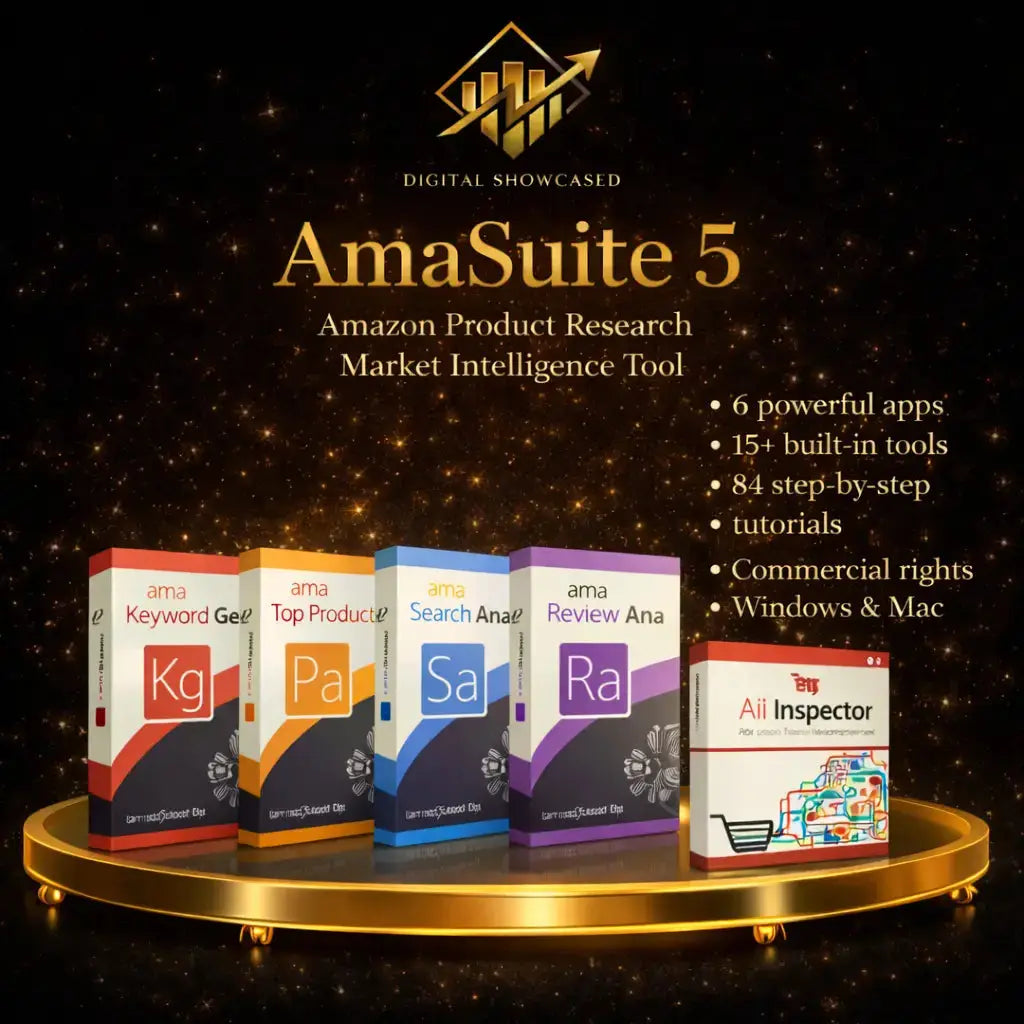 AmaSuite 5 Amazon Product Research Software bundle featuring six app modules on a gold display stand with key features list.