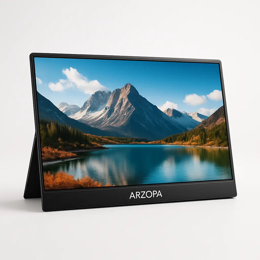 Black arzopa portable monitor showing a scenic mountain lake with stunning clarity for ultimate display use