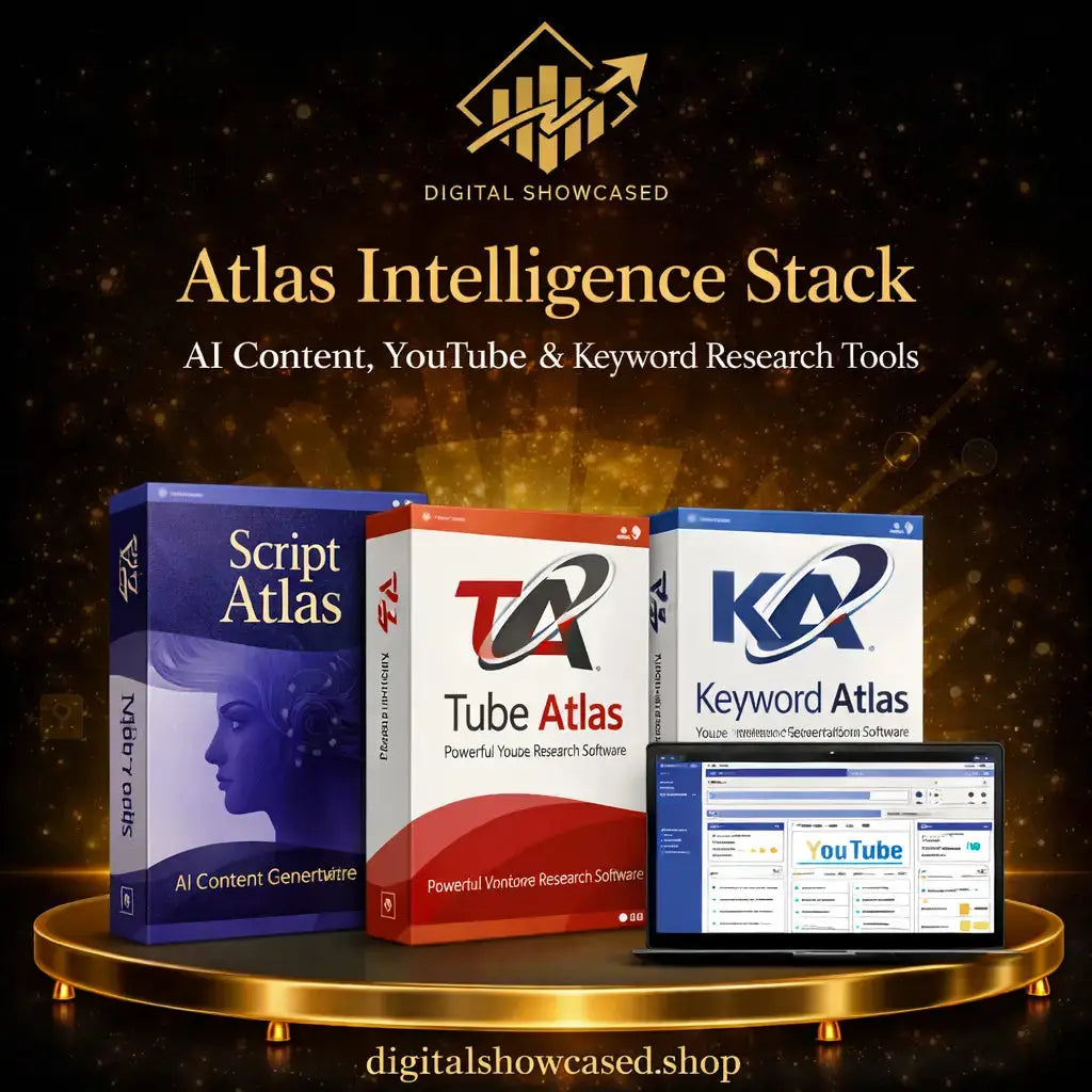 Atlas Intelligence Stack software boxes for AI script writing, YouTube research, and keyword SEO on a laptop display.