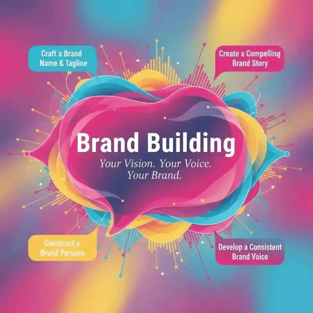 Vibrant Brand Building Course bundle graphic with pink and blue speech bubbles outlining brand identity steps.