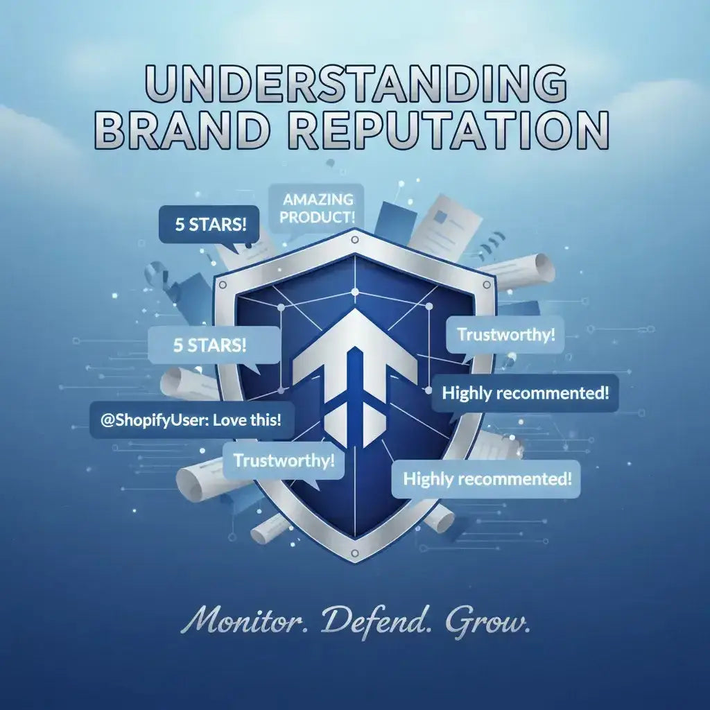 Blue shield graphic for Brand Reputation Revolution bundle with positive user reviews, 5-star ratings, and growth icons.