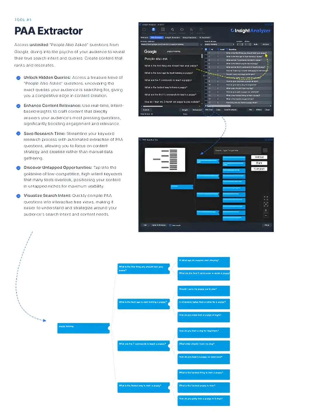 The dark-themed digital interface of insight analyzer appbreed shows structured topical data and search intent intelligence