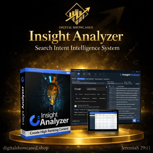 Gold-colored insight analyzer software box with glowing lightbulb and blue accents for search intent intelligence and organic traffic
