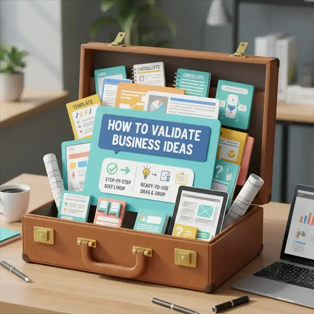 Validate Business Ideas Bundle featuring digital templates and checklists in a brown leather briefcase startup toolkit.