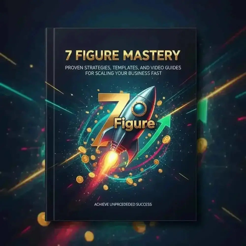 7 Figure Mastery business guide featuring a metallic rocket and gold coins on a black book cover with scaling strategies.