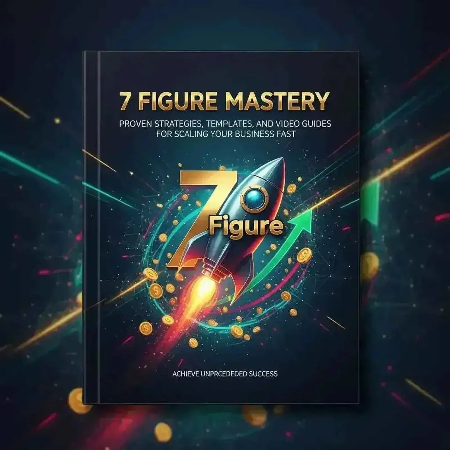 7 Figure Mastery business scaling guide cover with a rocket ship, gold coins, and growth data graphics.