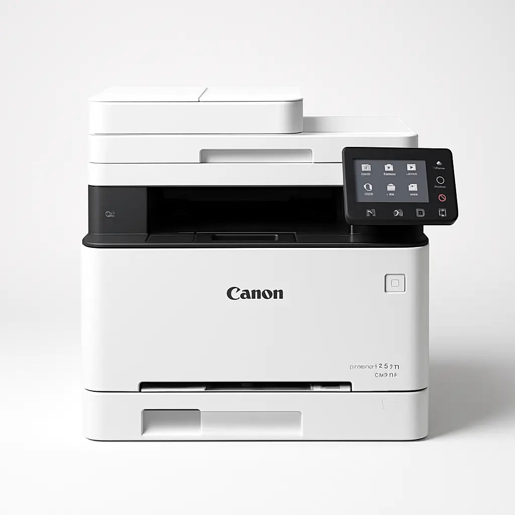 White canon color imageclass mf665cdw printer with black touchscreen and modern wireless duplex laser design