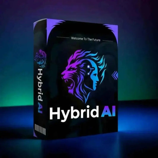 Hybrid AI character creation software box with purple and blue glowing lion-face logo on a black background.