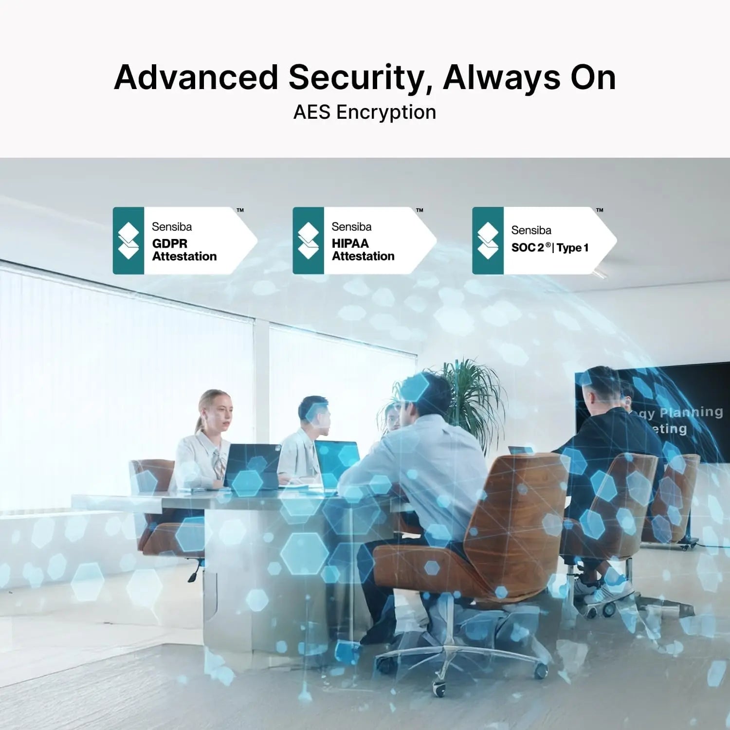 Teal and white sensiba security certification badges displayed on a modern office background for comulytic note pro voice recorder with headphones jack