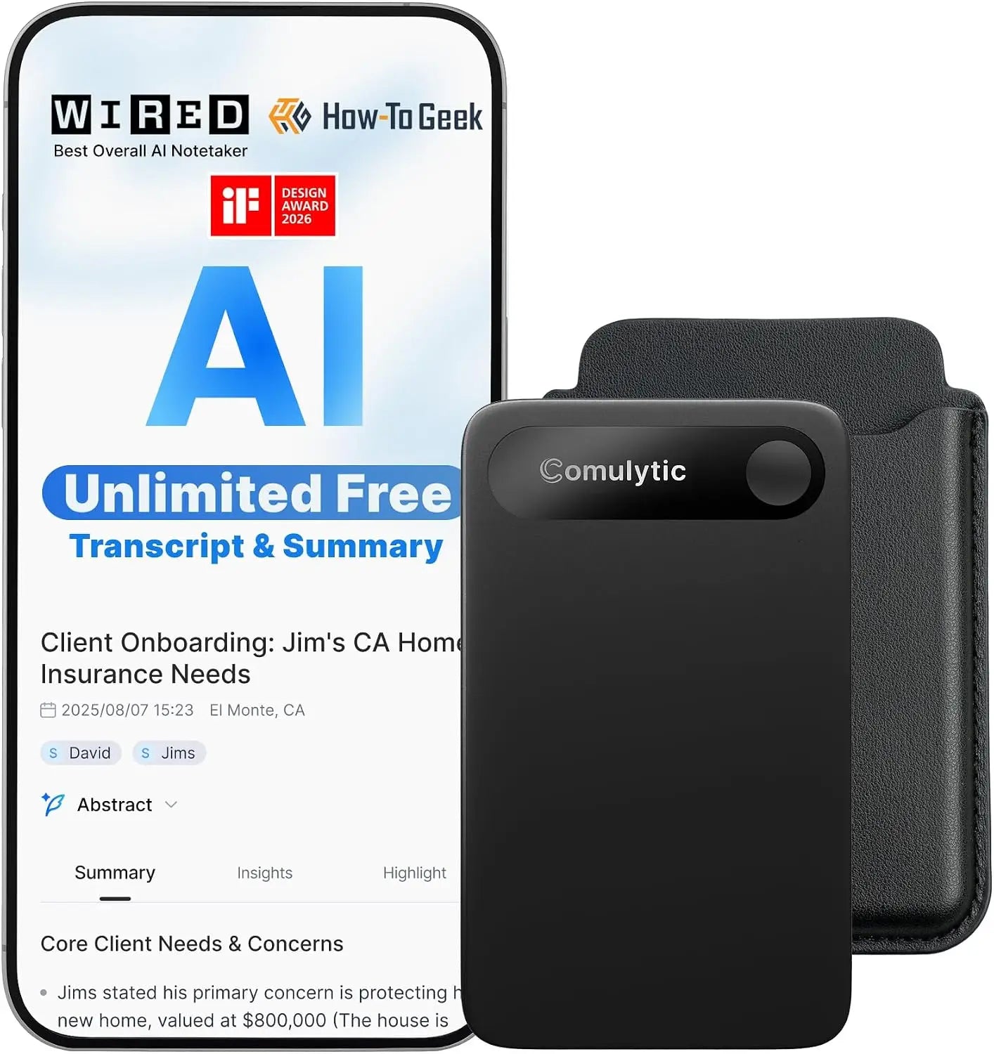 Black comulytic note pro voice recorder with circular button and headphones jack displayed with matching leather case