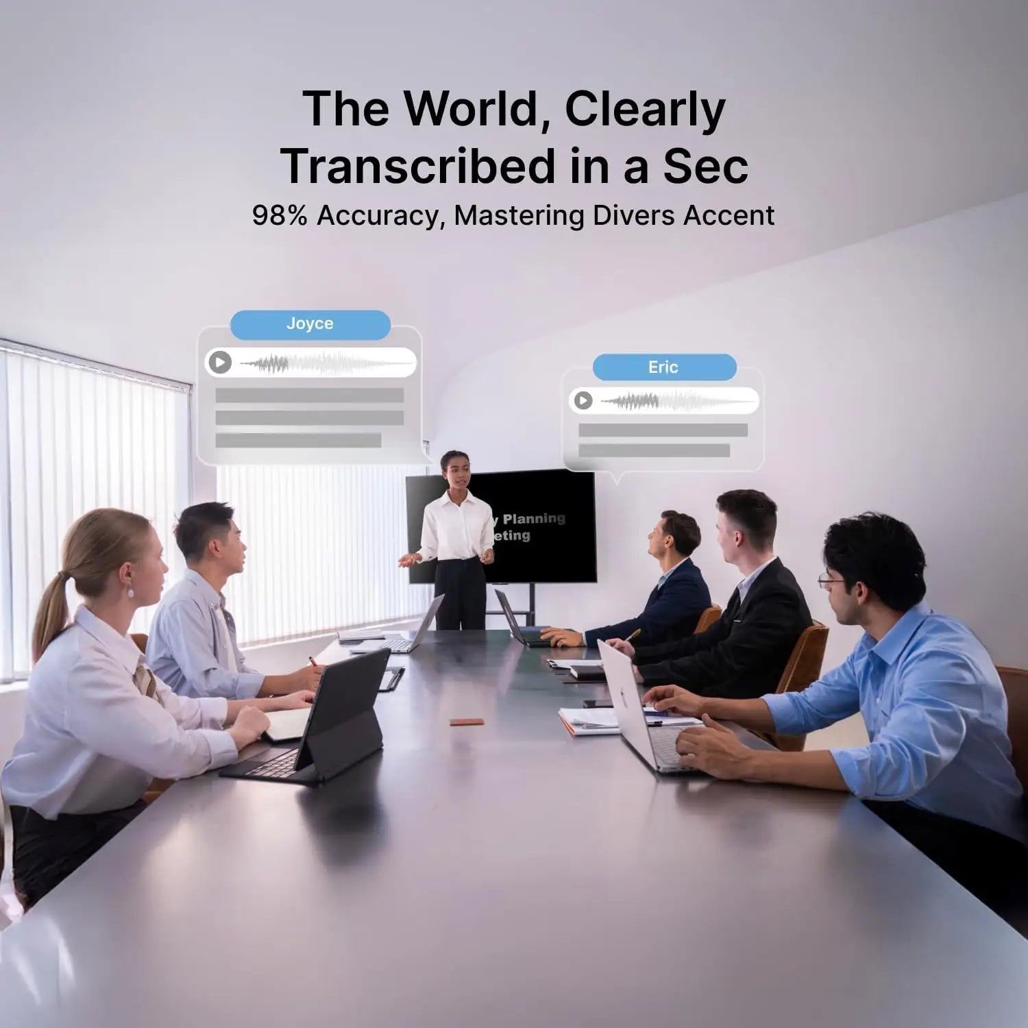 The comulytic note pro ai voice recorder on a sleek silver conference table with integrated laptop stands and headphones jack