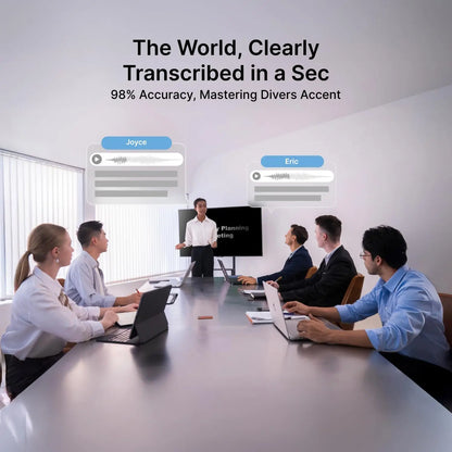 The comulytic note pro ai voice recorder on a sleek silver conference table with integrated laptop stands and headphones jack