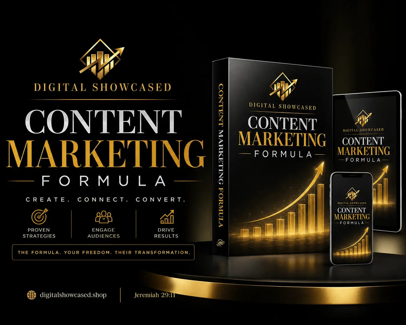 Black book titled content marketing formula with gold foil lettering and golden bar graph by digital showcased