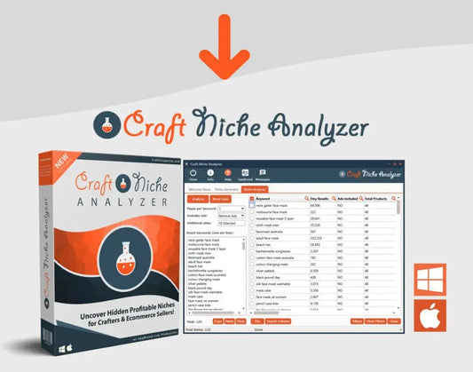 Craft Niche Analyzer box: orange navy design with beaker icon for powerful desktop research