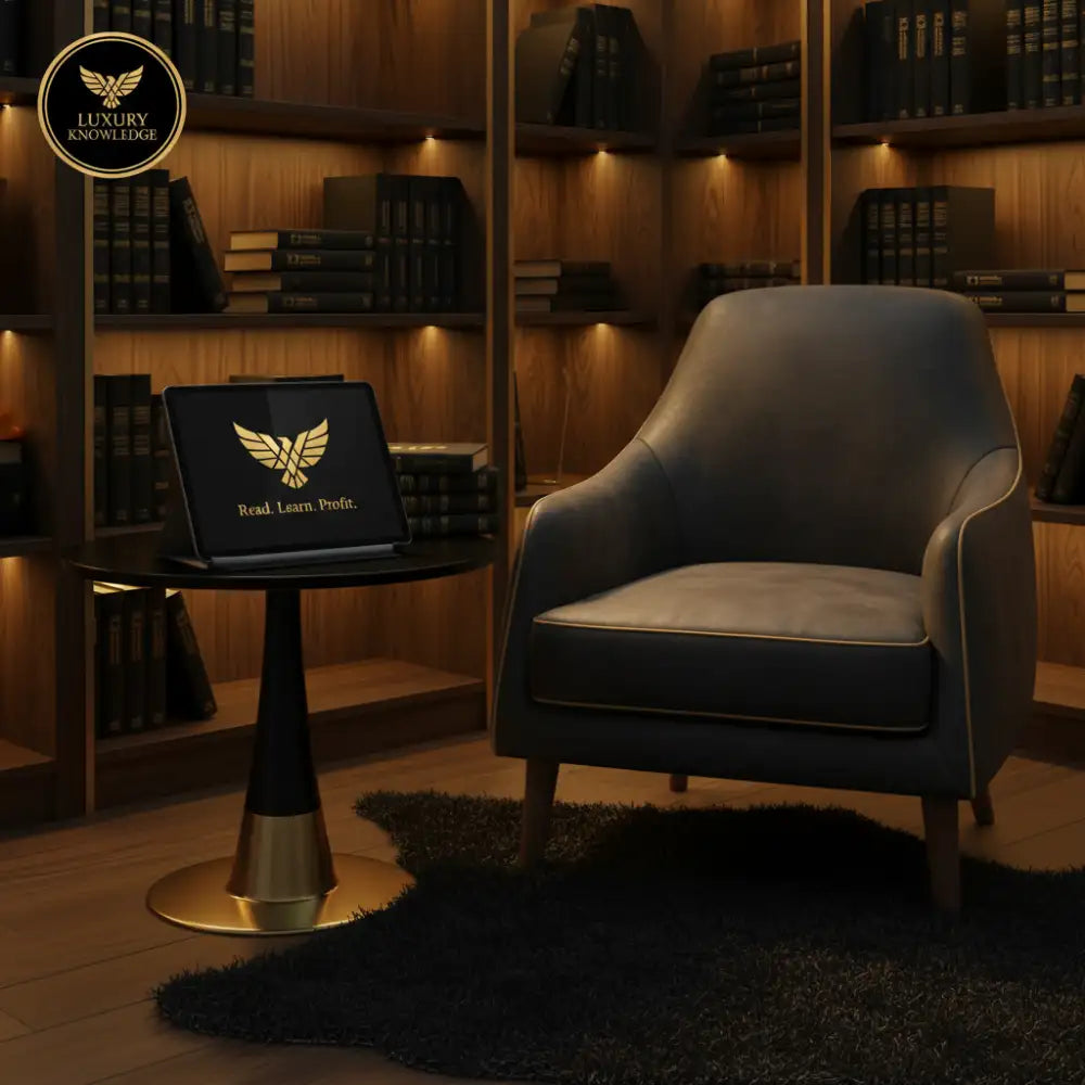 Dark gray leather armchair with a contrasting light gray cushion and gold trim along the seams.