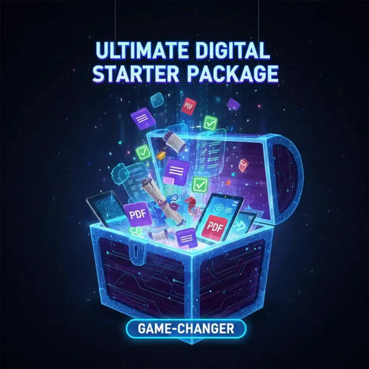 Glowing blue digital treasure chest with PDF files and tech icons in Digital Marketing Ultimate Starter Package