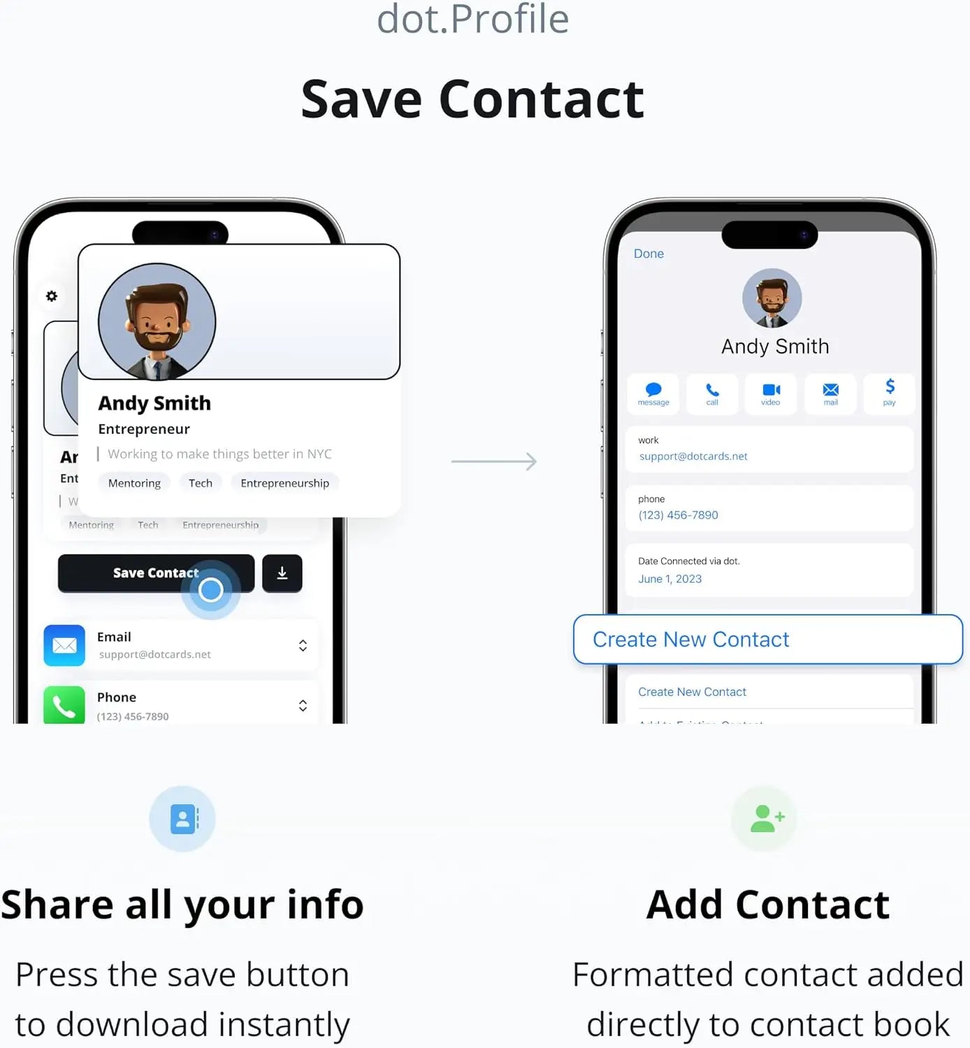Smartphone showing save contact screens for dot band black digital business card wristband compatible with iphone android