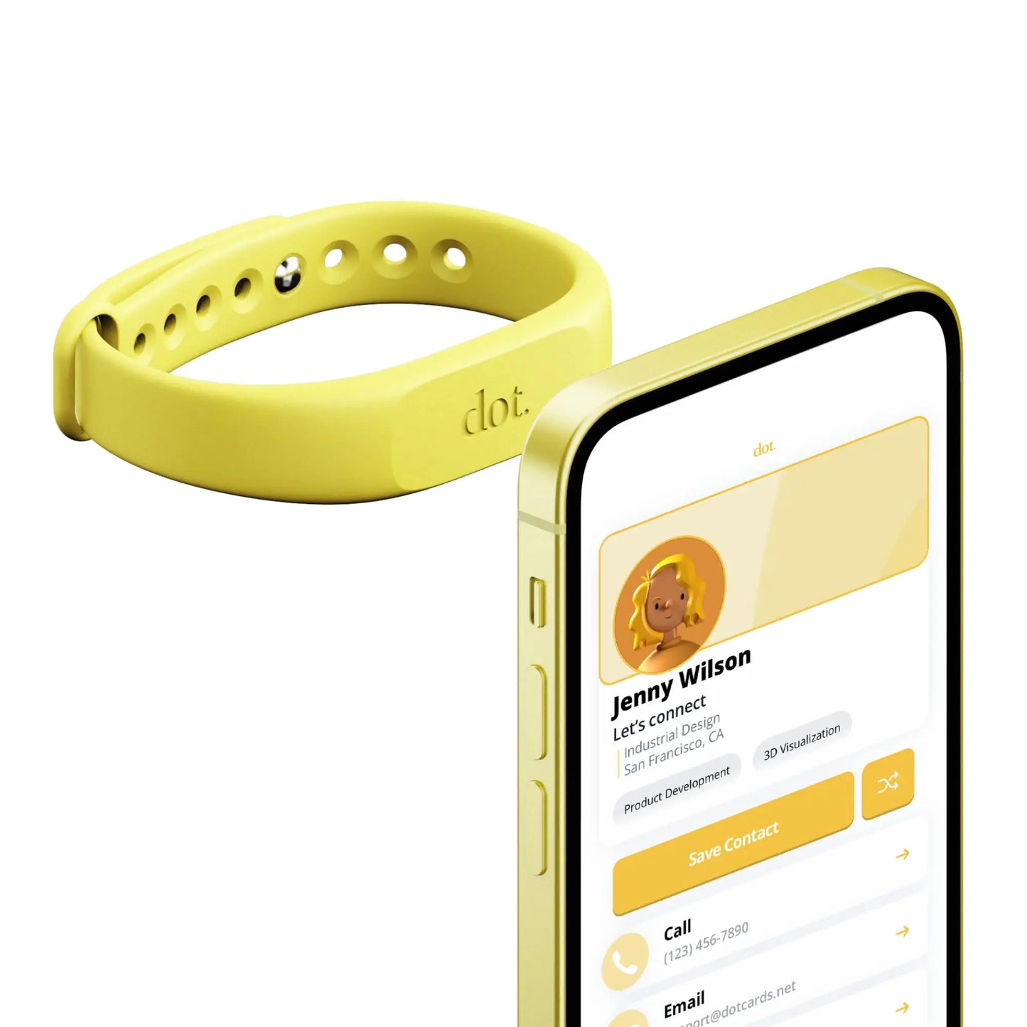 Yellow silicone dot band digital business card wristband with silver button for easy digital business use